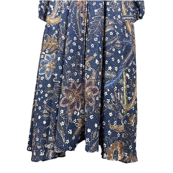 Cara Cara Tanglewood Dress Batik Navy Blue Midi Cinch Waist Long Sleeve Boho S - Picture 6 of 14